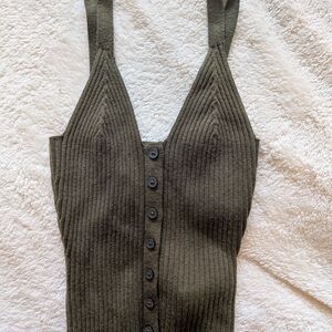 Aerie Olive Ribbed Button-Front Tank Top